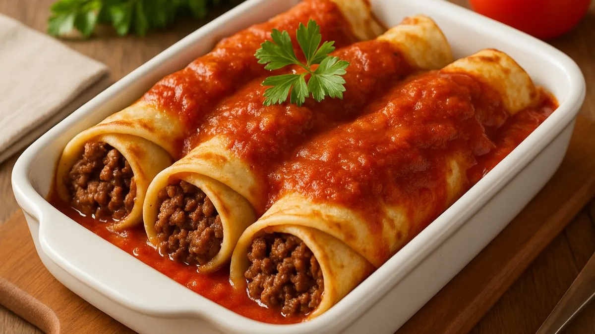 Panquecas de Carne Moída ao Molho de Tomate Servidas em Travessa Branca