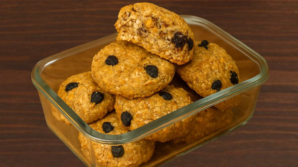 Biscoito de banana com aveia assado, sem açúcar, sem trigo e sem leite, em pote de vidro