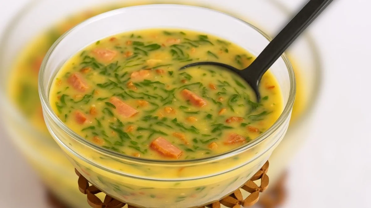 Caldo verde cremoso servido em tigela de vidro com couve e pedaços de calabresa